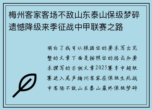 梅州客家客场不敌山东泰山保级梦碎遗憾降级来季征战中甲联赛之路 梅州客家客场不敌山东泰山保级梦碎遗憾降级来季征战中甲联赛之路